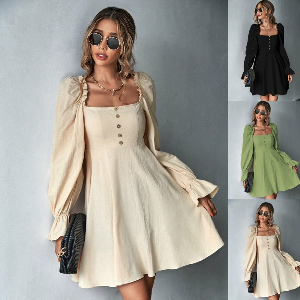 ZARA Puff Sleeve Square Neck Cinched Waist Elegant Long Sleeve French Dress